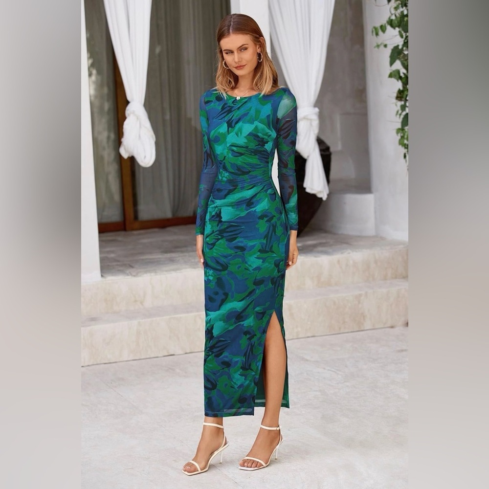 Green & Blue Floral Mesh Long Sleeve Bodycon Maxi Dress | Size Smal